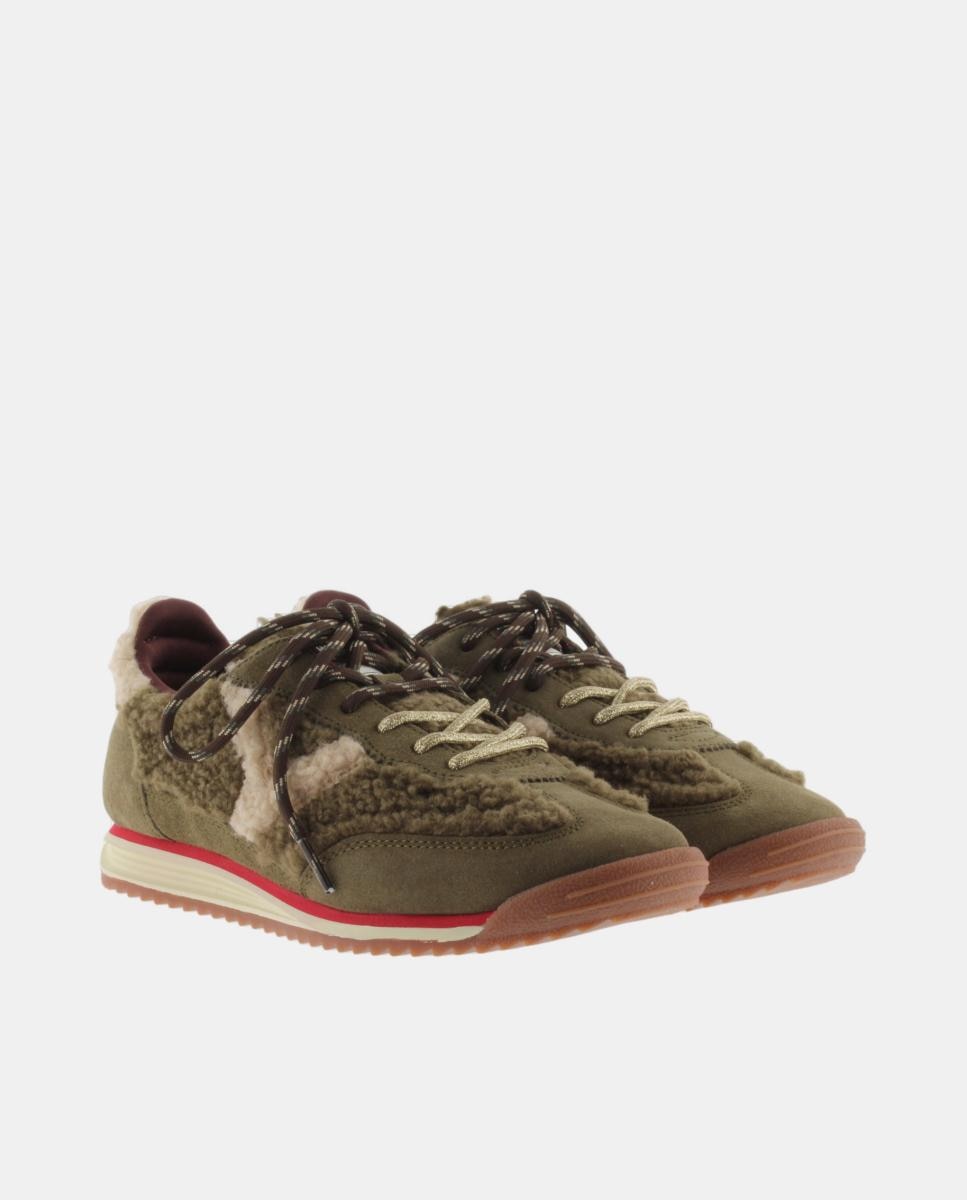 Zapatillas deportivas de mujer de borreguito con piezas de serraje al tono y doble cordón - Victoria - Verde militar Verde militar-5