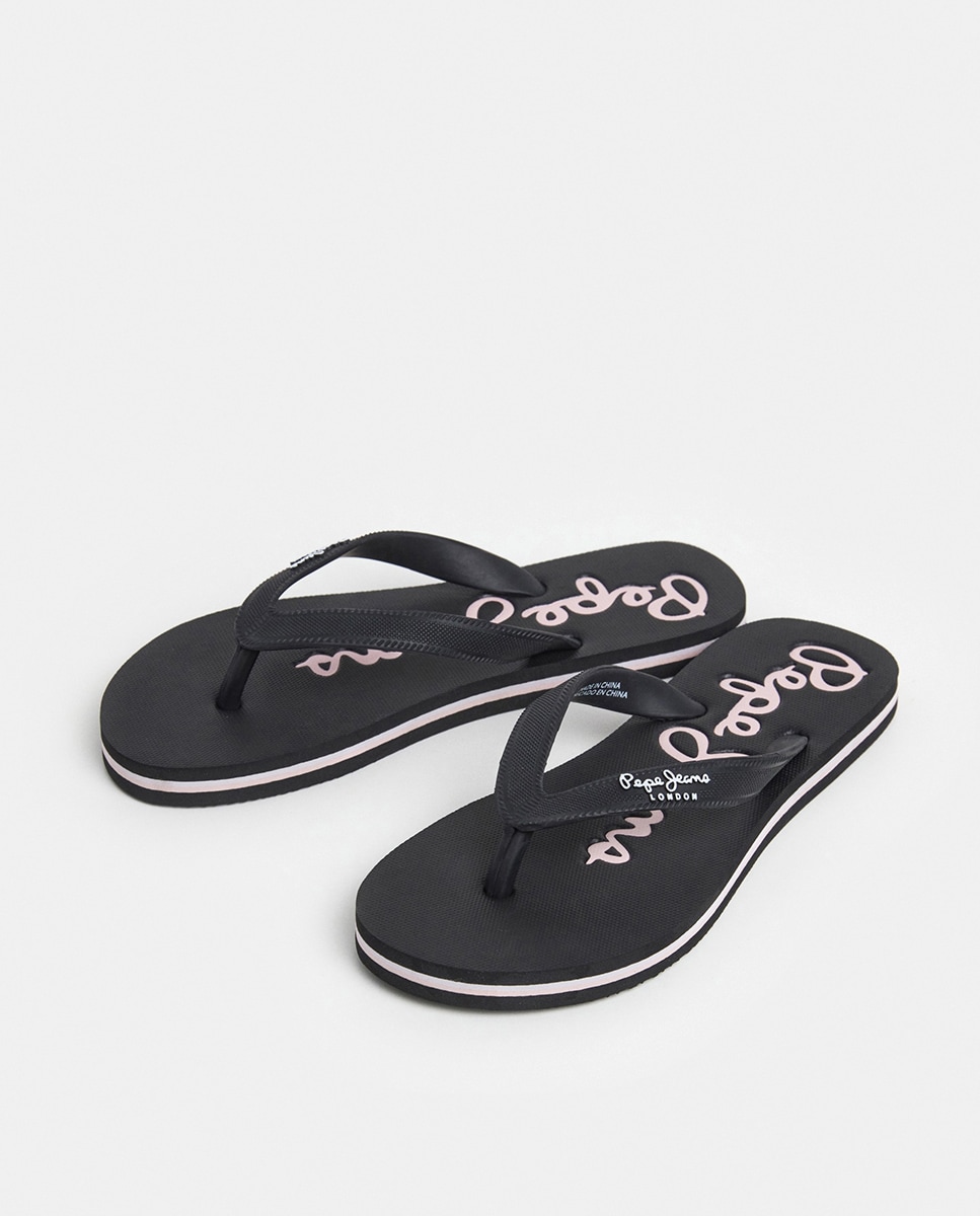 Chinelos rosa com logótipo Preto-2