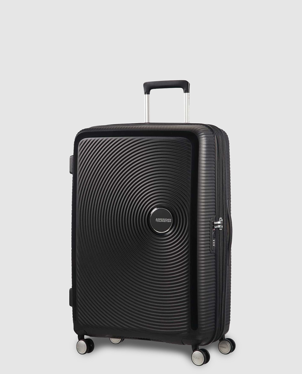 American Tourister - Maleta grande expandible SOUNDBOX rígida negra, con capacidad hasta 110L.