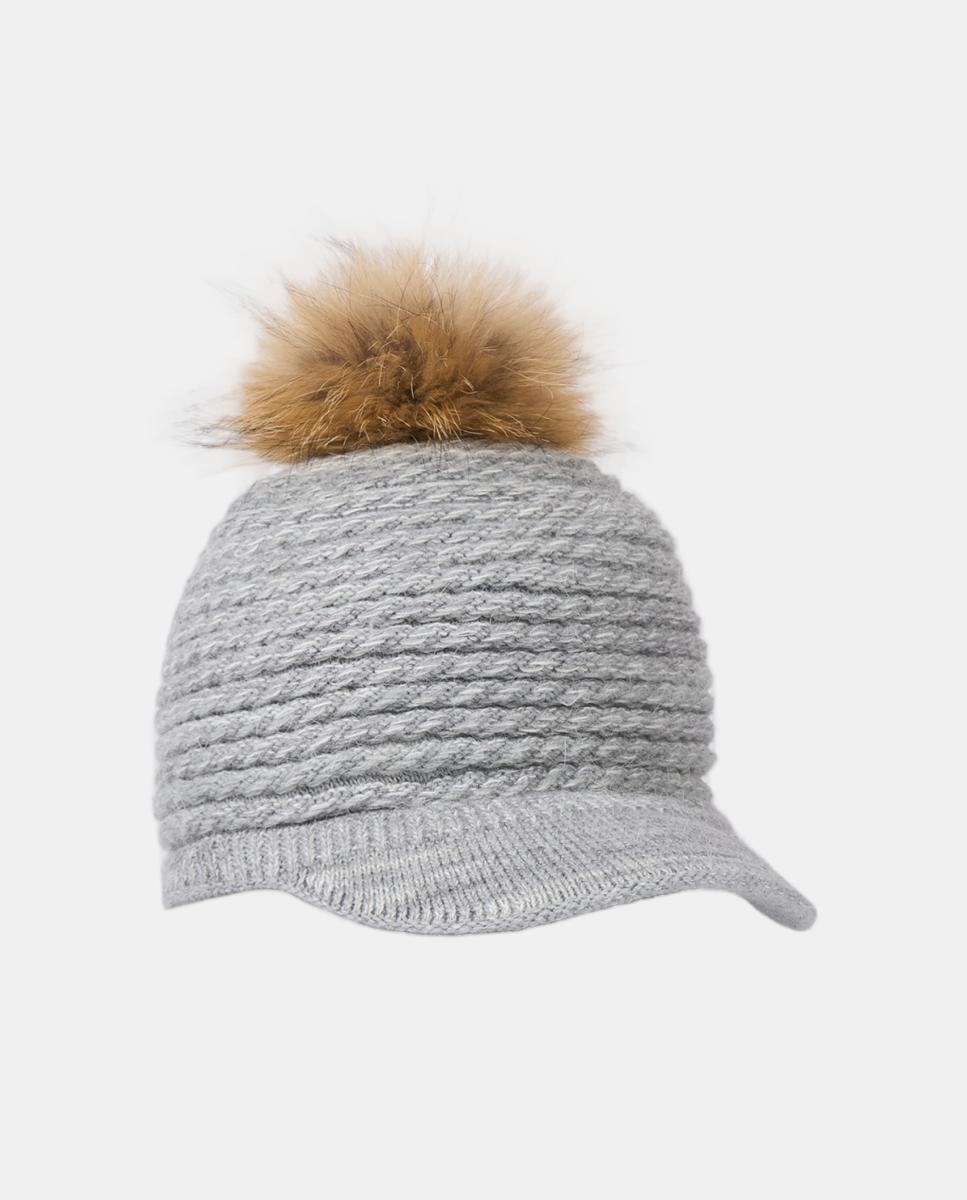 Gorra de punto en beige con pompón de pelo - Navarro - Gris claro Gris claro-1