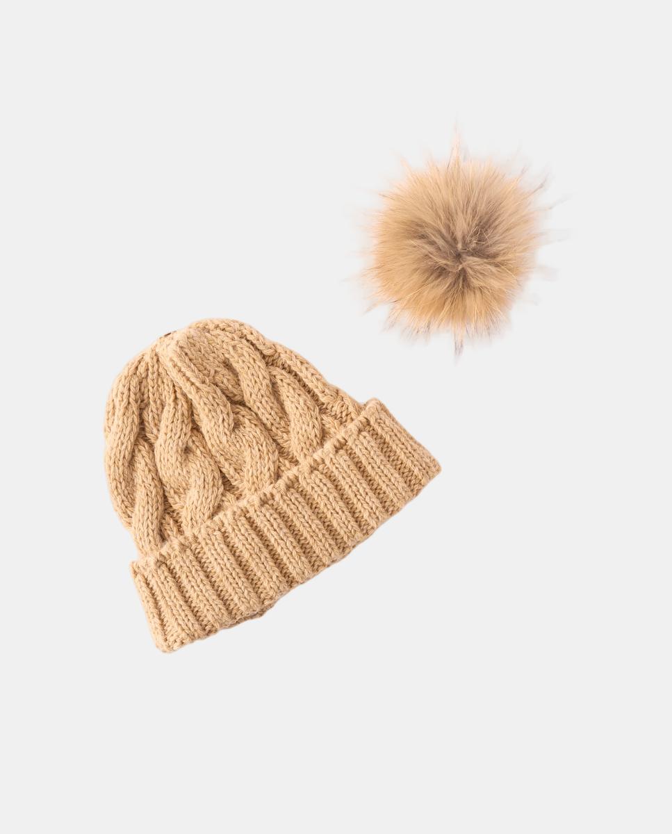 Gorro de Malha do Cabo com Pompom Cru Desmontável Camel-2