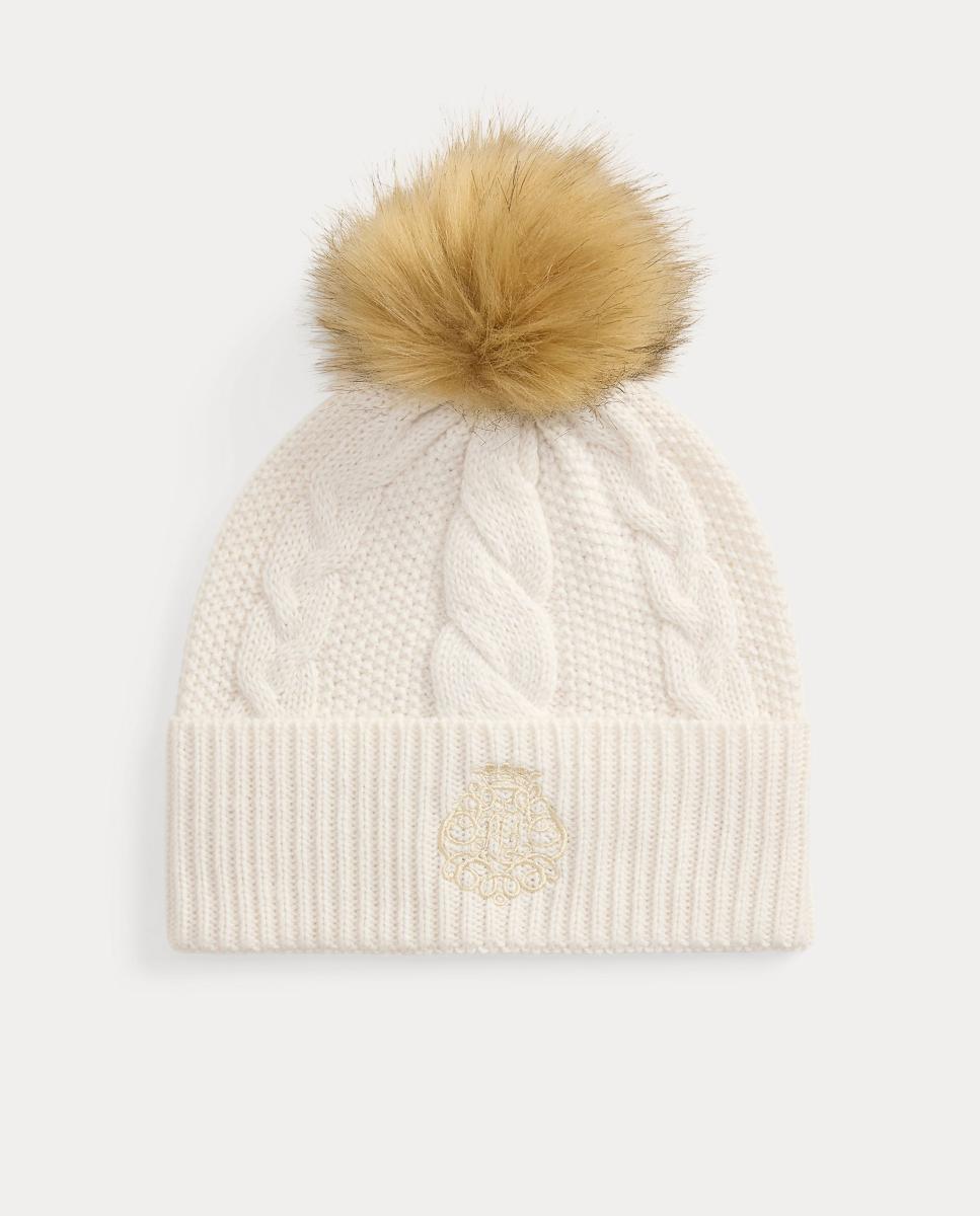 Gorro de punto de mujer con pompón y escudo con logo - Lauren Ralph Lauren - Blanco Blanco-1