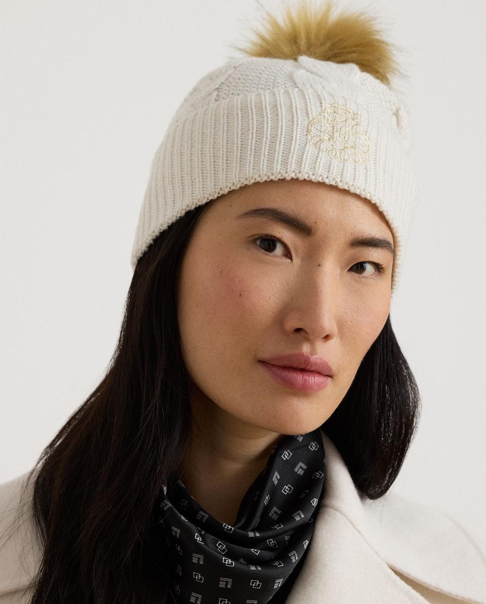 Gorro de punto de mujer con pompón y escudo con logo - Lauren Ralph Lauren - Blanco Blanco-3