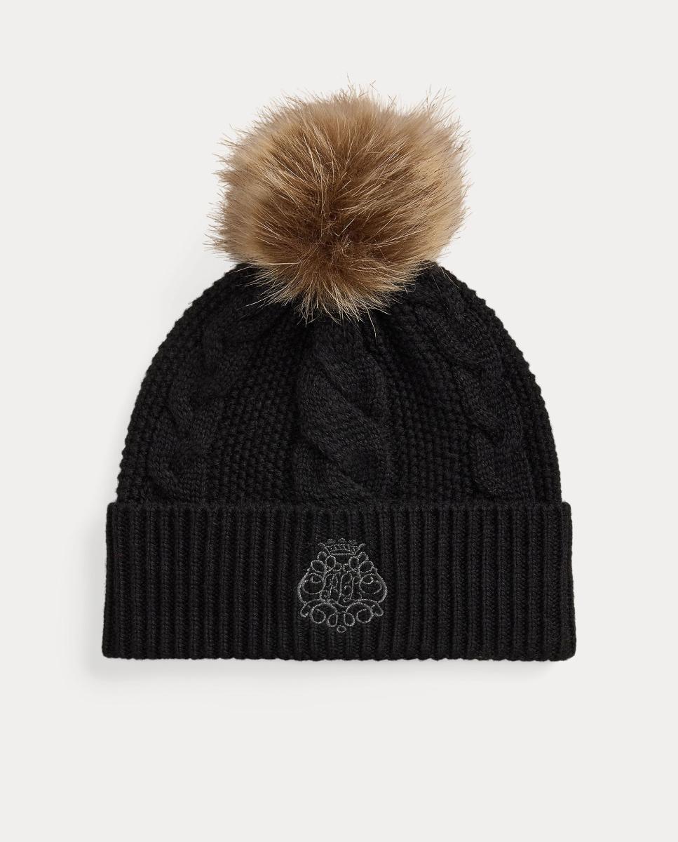 Gorro de punto de mujer con pompón y escudo con logo - Lauren Ralph Lauren - Negro Negro-1