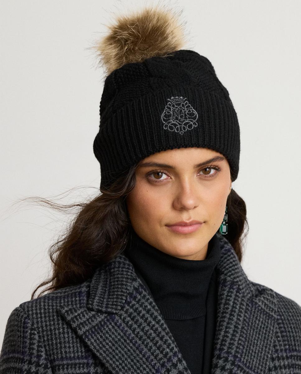 Gorro de punto de mujer con pompón y escudo con logo - Lauren Ralph Lauren - Negro Negro-3