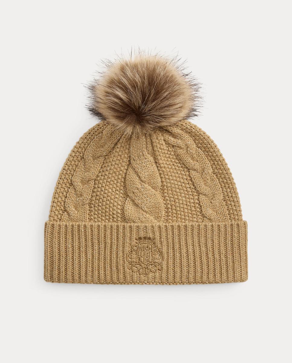 Gorro de punto de mujer con pompón y escudo con logo - Lauren Ralph Lauren - Marrón Suave Marrón Suave-1