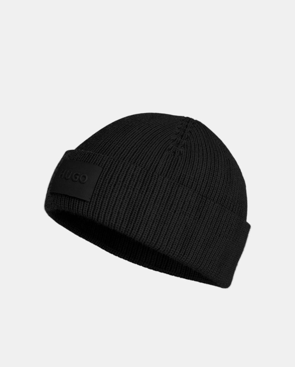 Gorro de Malha Canelada numa Agradável Mistura de Lã com a Etiqueta Tecida em Tons a Condizer na Dobra da Frente Preto-2