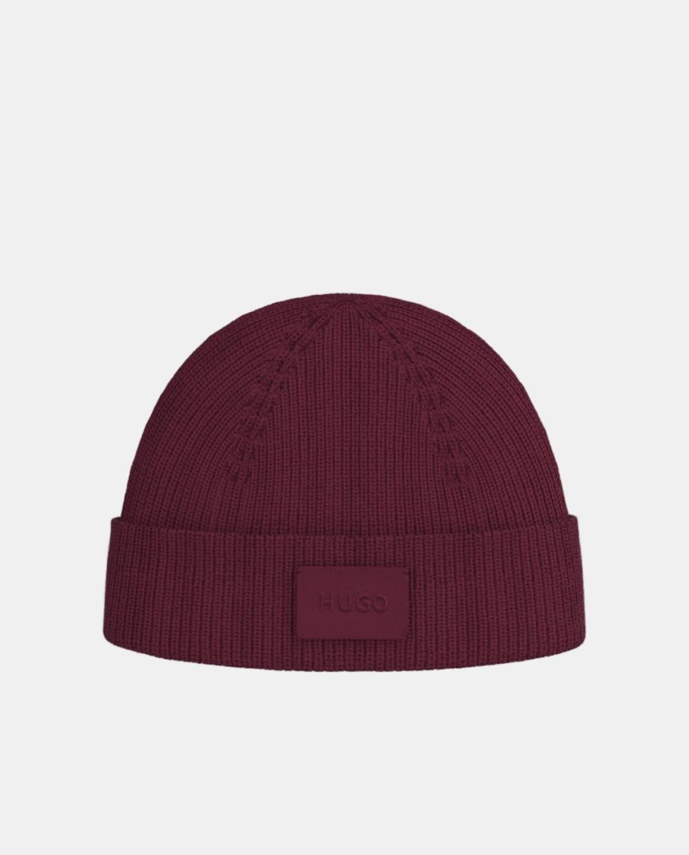Gorro de punto acanalado en una agradable mezcla de lana con la etiqueta tejida en tonos a juego en el dobladillo delantero - Hugo - Rojo Rojo-1