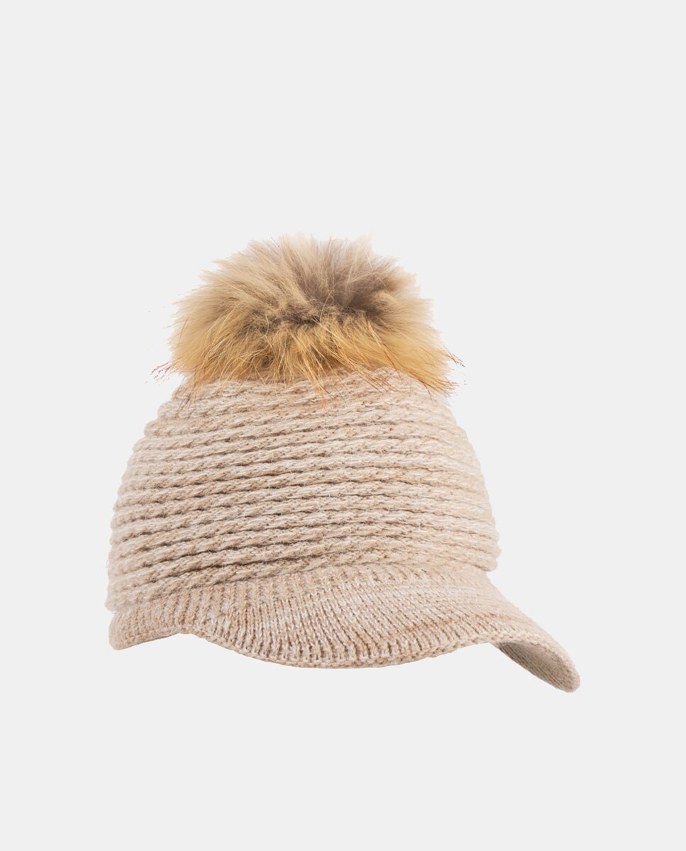 Boné de malha bege com pompom de pêlo Bege-5