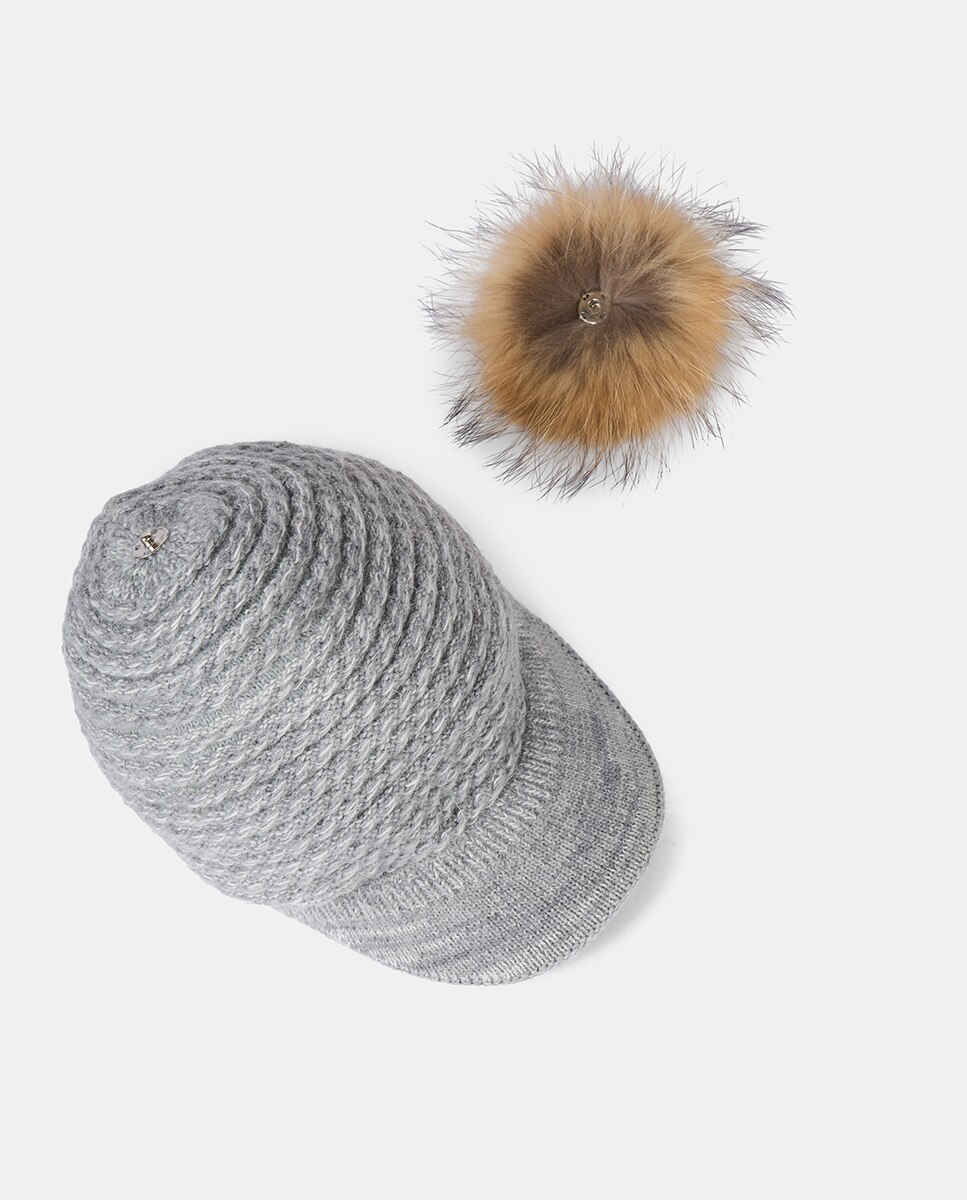 Boné de malha rosa com pompom de pêlo Cinzento-2