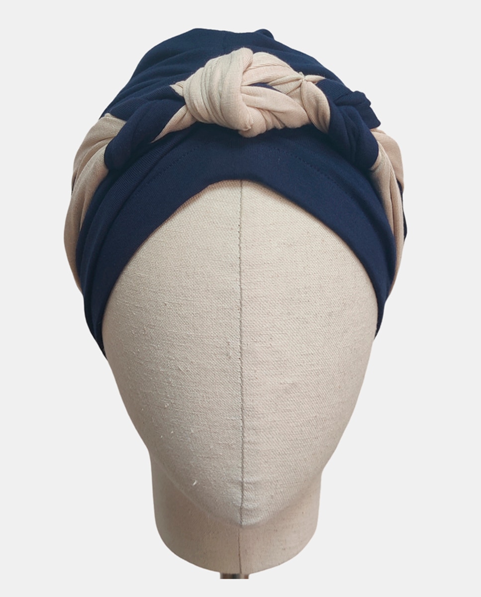 Turbante com Trança à Frente e Padrão Espinha de Peixe - Caqui/Cru Azul-marinho-2