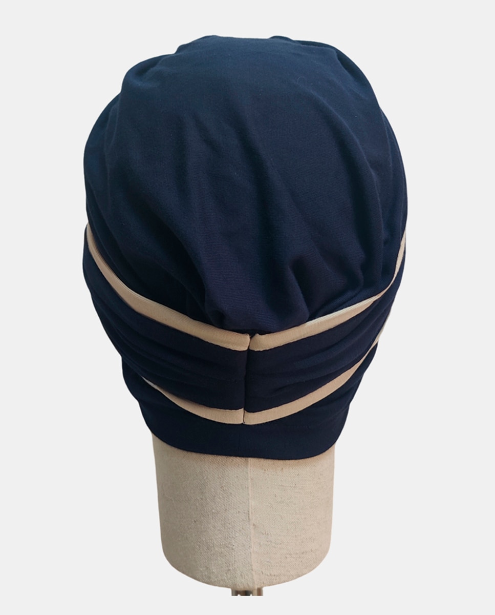 Turbante com Trança à Frente e Padrão Espinha de Peixe - Caqui/Cru Azul-marinho-3