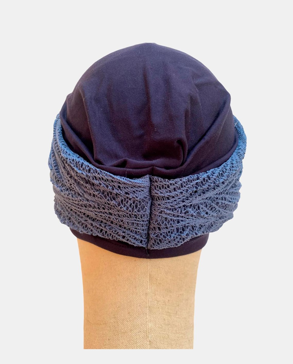Turbante Jeans com Laço de Crochet Azul-3