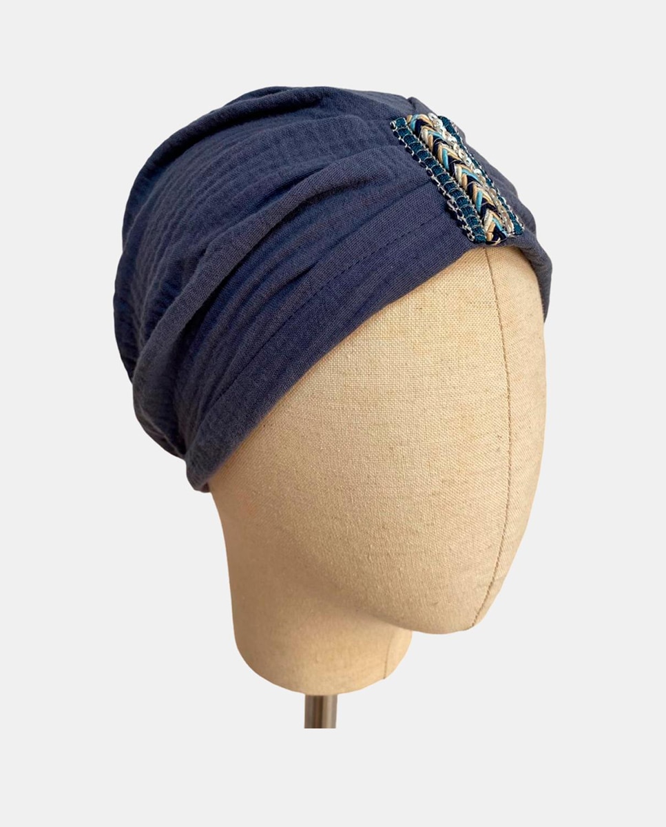 Turbante Ondulado de Algodão Jeans com Pendente à Frente Azul-2