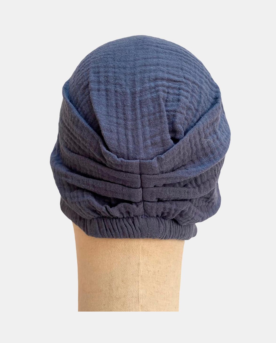 Turbante Ondulado de Algodão Jeans com Pendente à Frente Azul-3