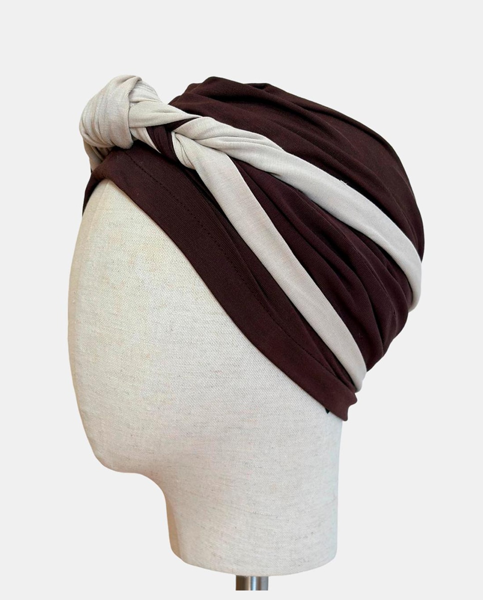 Turbante Damman com Trança de Padrão Espinha de Peixe Castanho-2