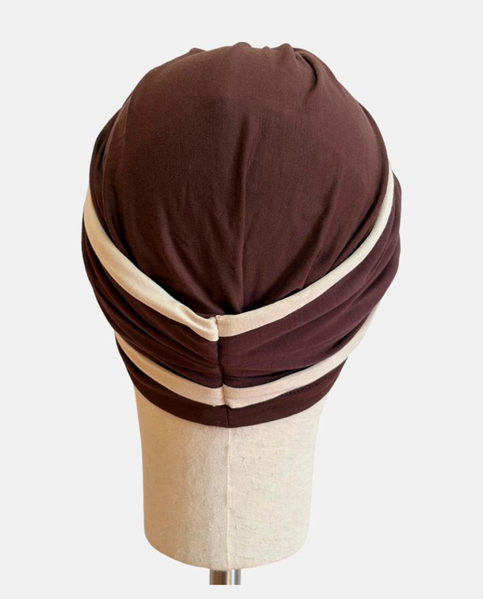 Turbante Damman com Trança de Padrão Espinha de Peixe Castanho-3