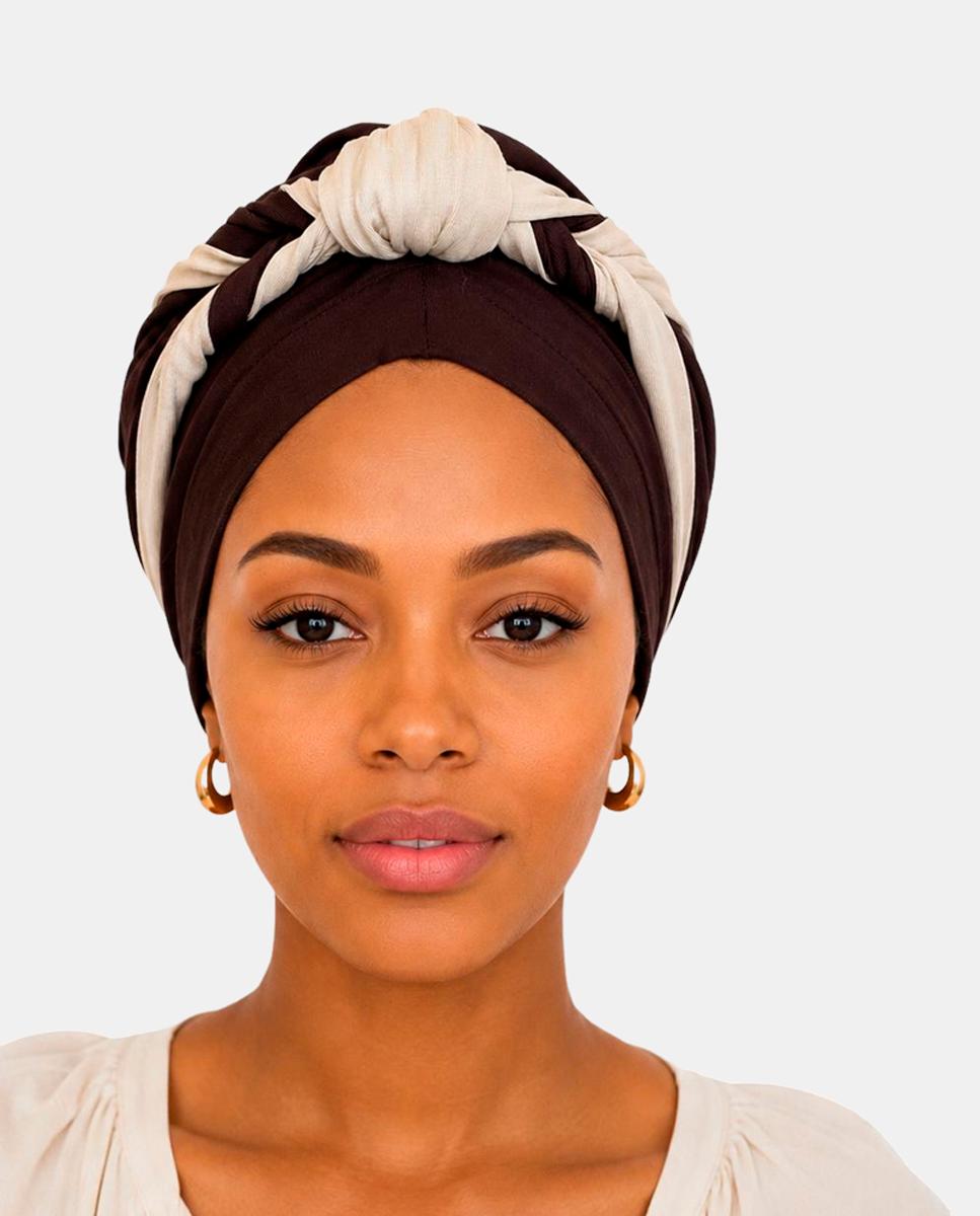 Turbante Damman com Trança de Padrão Espinha de Peixe Castanho-4