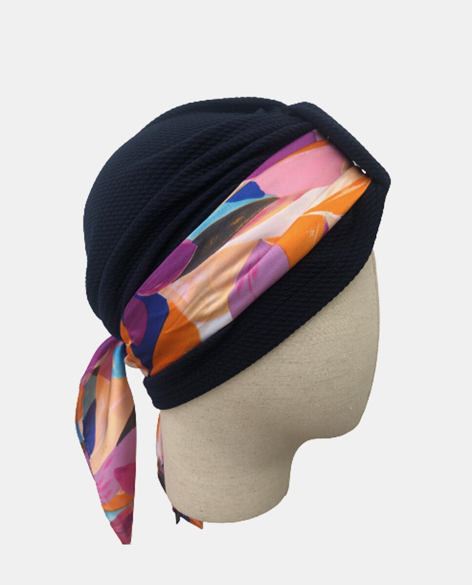 Turbante preto com lenço plissado Azul-marinho-2