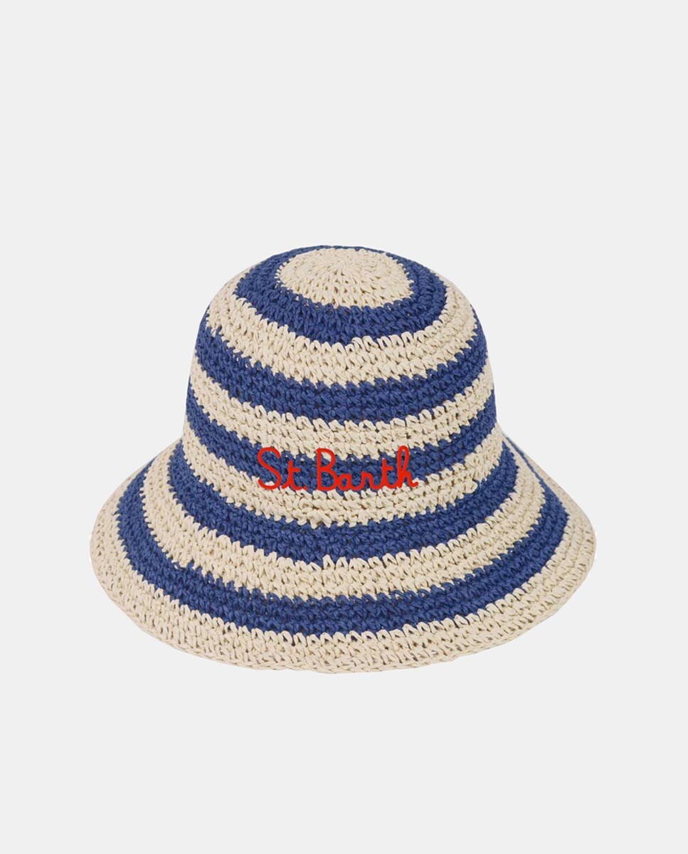 Chapéu de Papel às Riscas com Forma Arredondada e Aba Ligeiramente Larga - Multicolor Azul-1