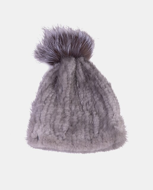 Imagem 0 de Gorro Elástico com Pompom e em Pelo Natural - Cinzento