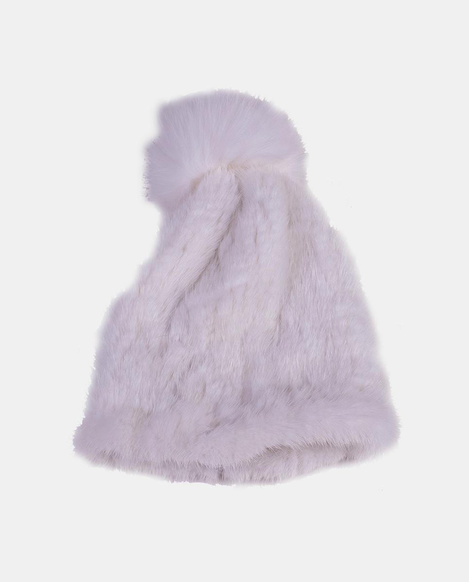 Gorro Elástico com Pompom e em Pelo Natural - Branco Branco-1