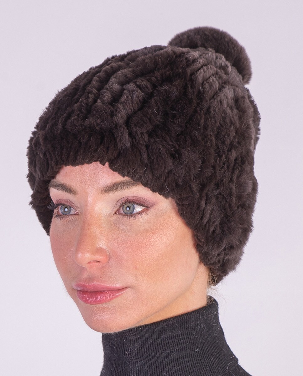 Gorro Elástico com Pompom e em Pelo Natural - Castanho Castanho-3