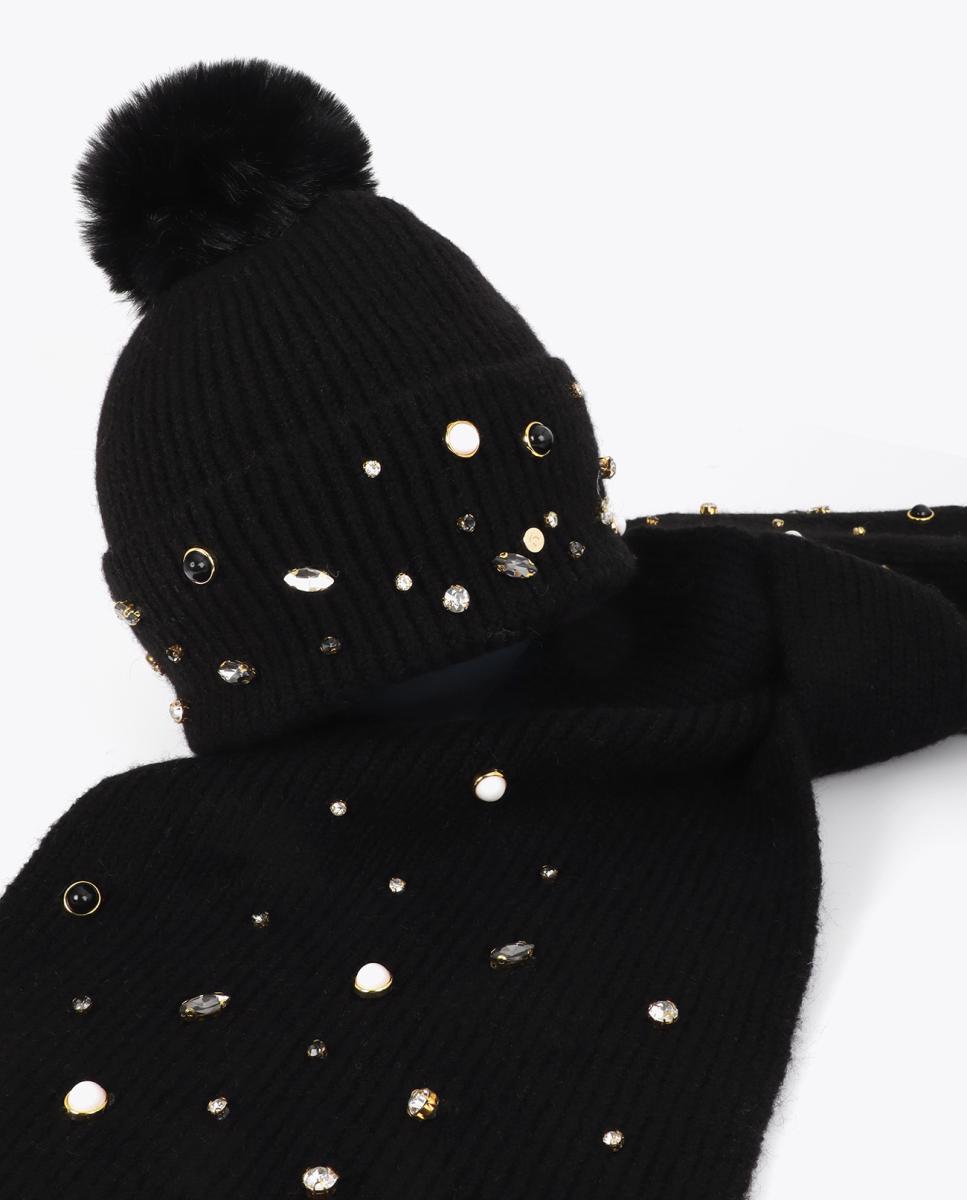 Gorro de Malha com Pérolas e Cristais Preto-4
