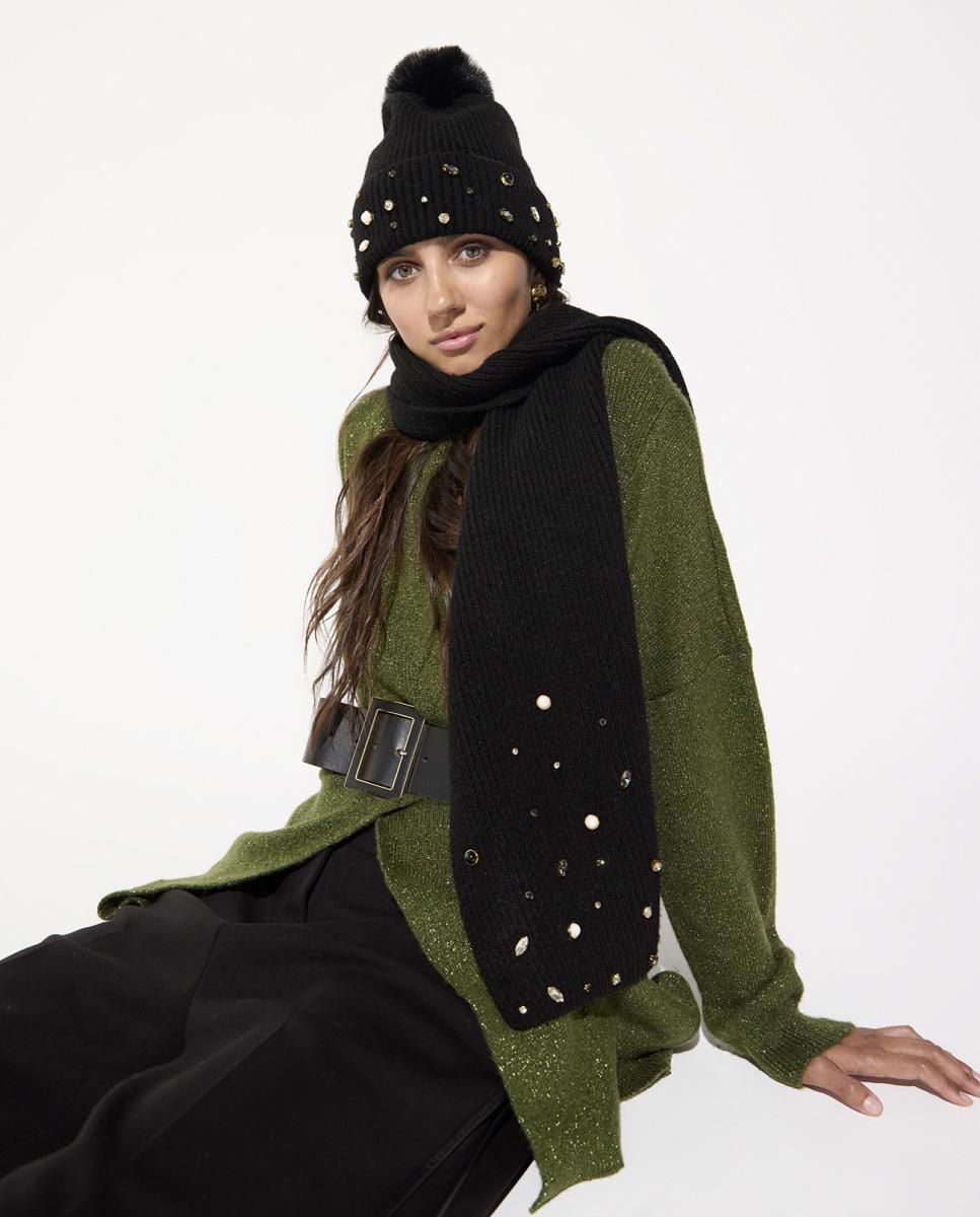 Gorro de Malha com Pérolas e Cristais Preto-6