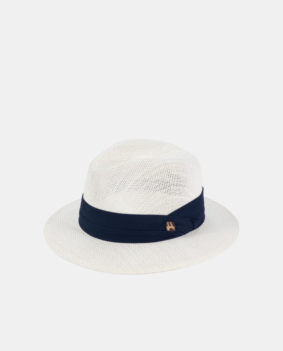 Sombrero indiana de papel en natural con cinta en azul marino - Aranda - Blanco Blanco-1