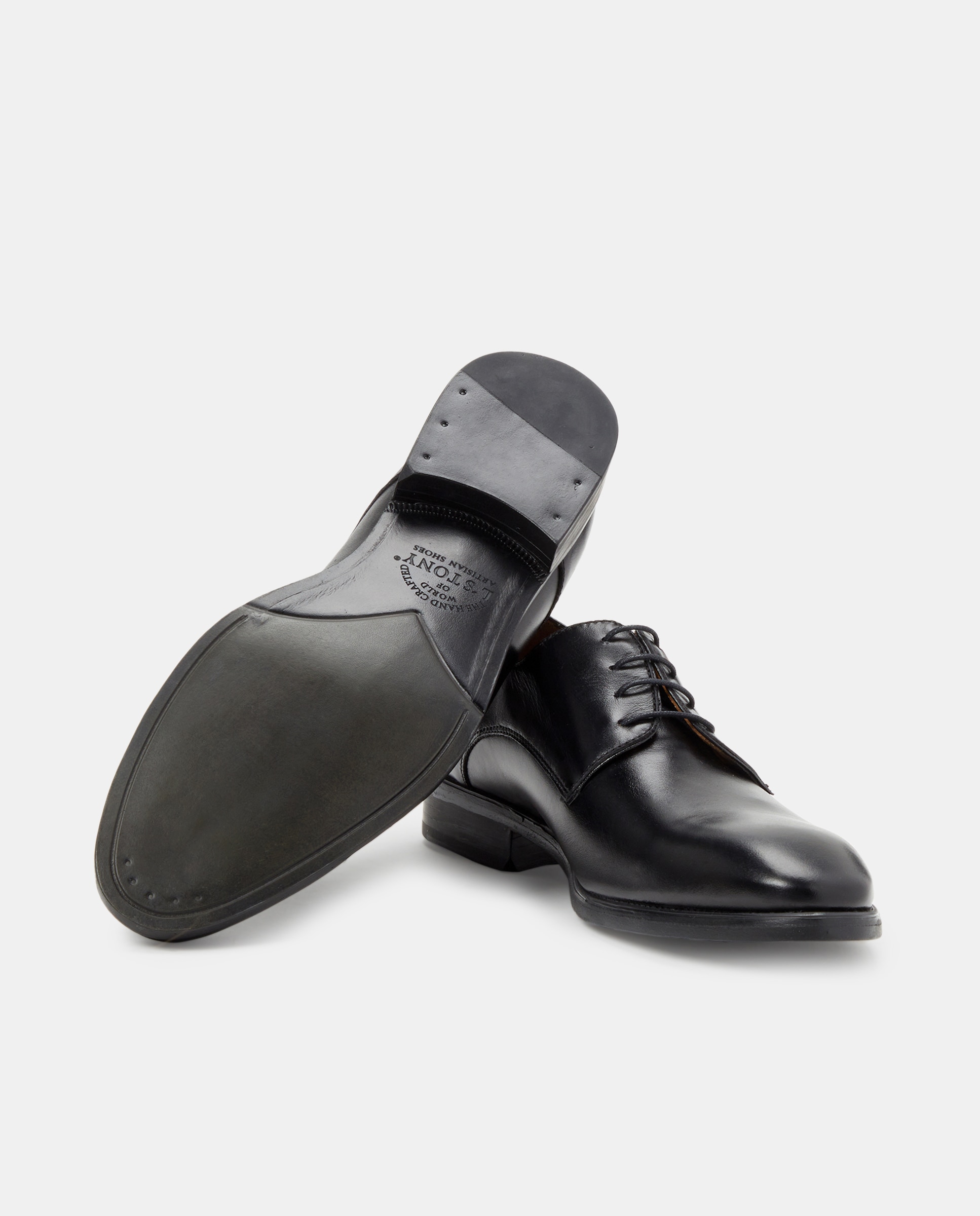 Sapatos de Atacadores com Pala Lisa, Sola de Borracha e em Pele Preto-2