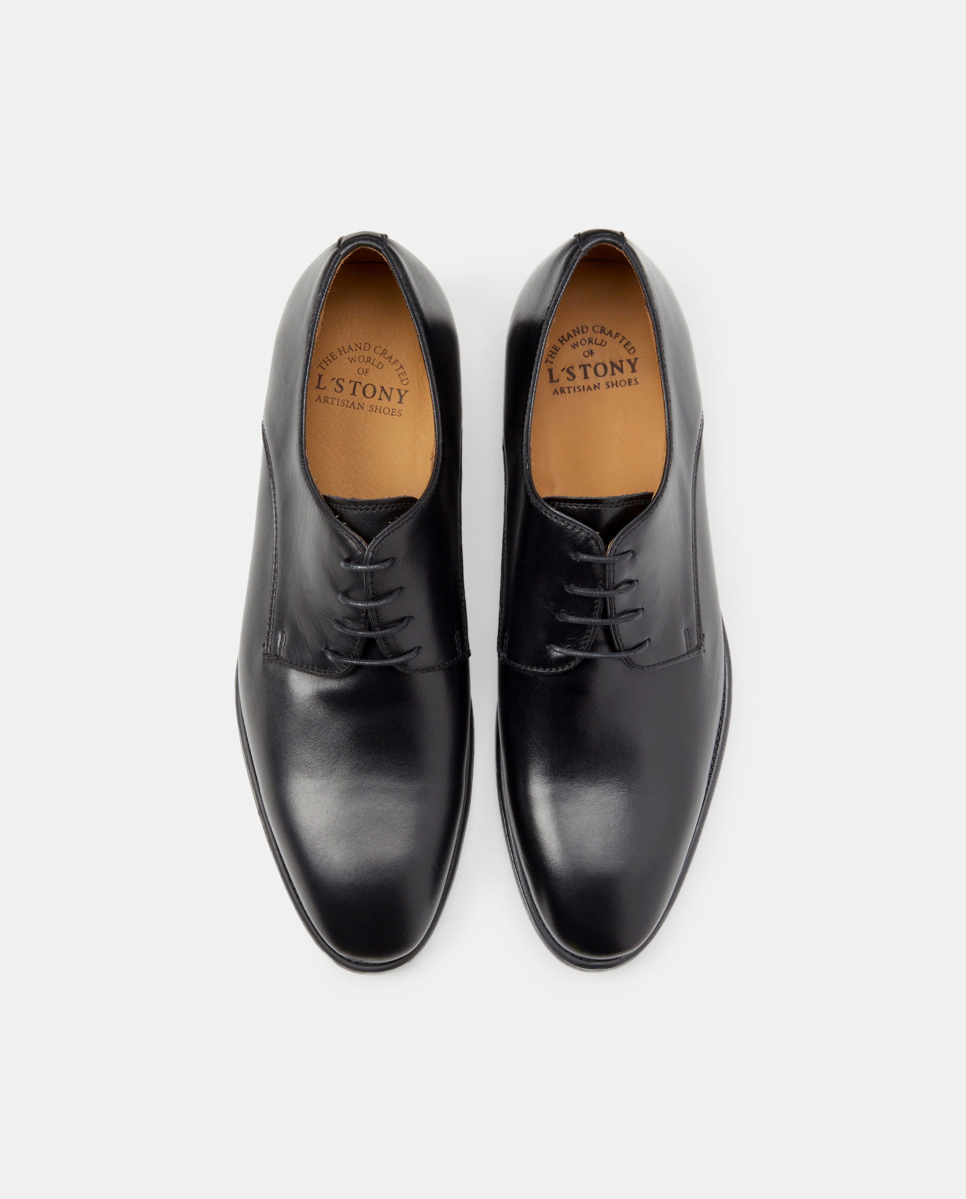 Sapatos de Atacadores com Pala Lisa, Sola de Borracha e em Pele Preto-4