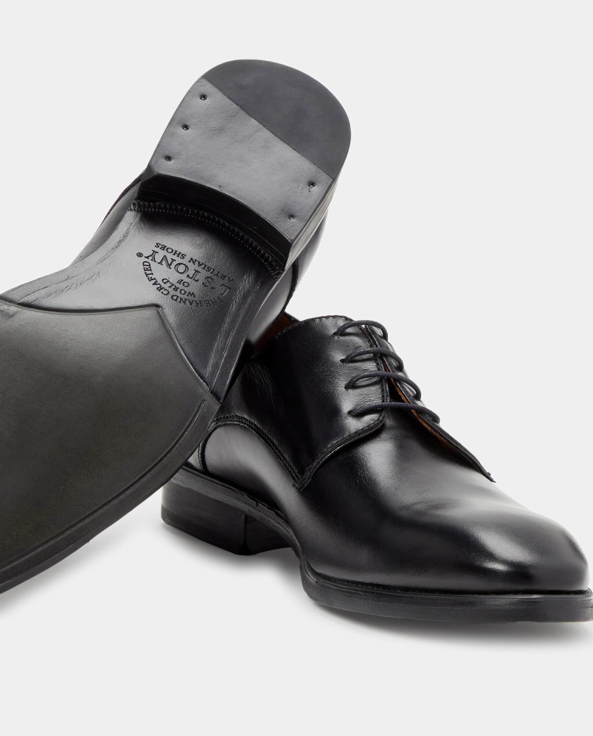 Sapatos de Atacadores com Pala Lisa, Sola de Borracha e em Pele Preto-5