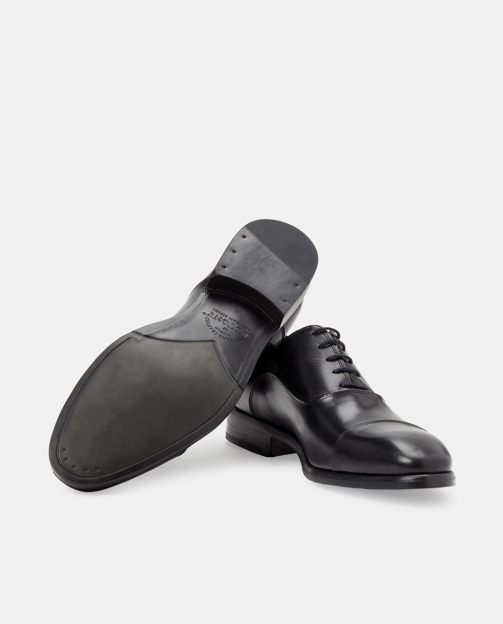 Sapatos de Atacadores com Biqueira Direita, Sola de Borracha e em Pele Preto-2