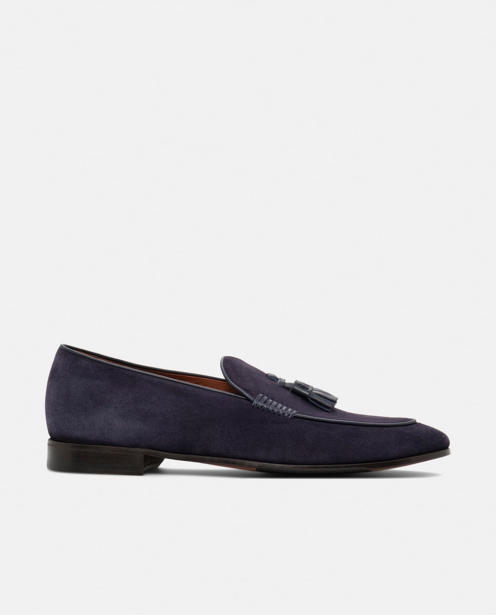Mocassins com Bordão, Adorno de Borlas e em Camurça Azul-6