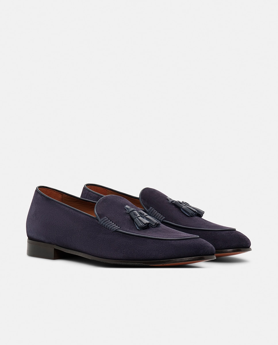 Mocassins com Bordão, Adorno de Borlas e em Camurça Azul-7