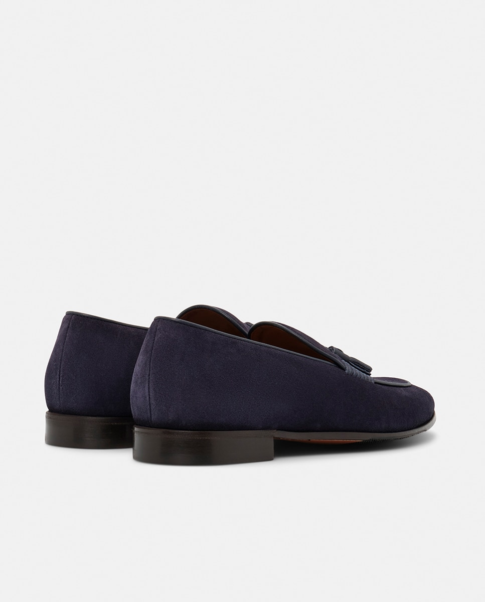 Mocassins com Bordão, Adorno de Borlas e em Camurça Azul-8