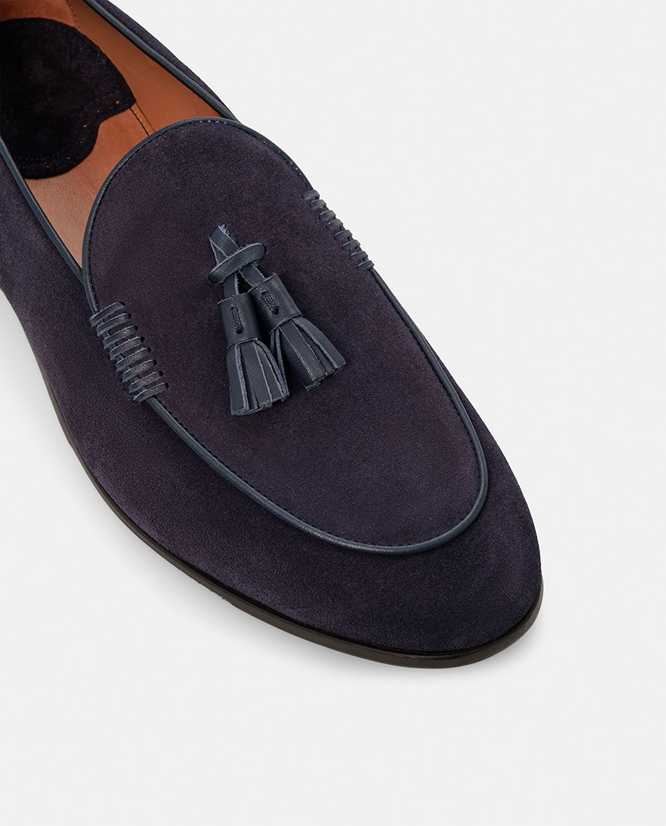 Mocassins com Bordão, Adorno de Borlas e em Camurça Azul-9