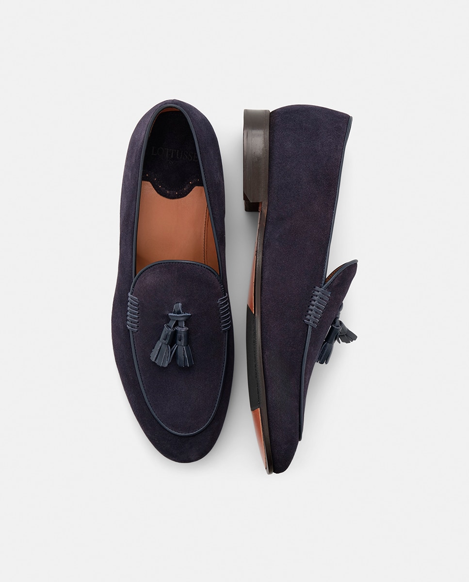 Mocassins com Bordão, Adorno de Borlas e em Camurça Azul-11
