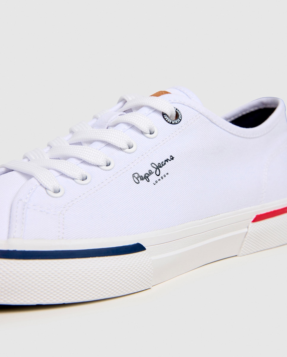 Sapatilhas Básicas de Lona Fina com Logótipo Union Jack no Calcanhar e Sola Vulcanizada Branco-5