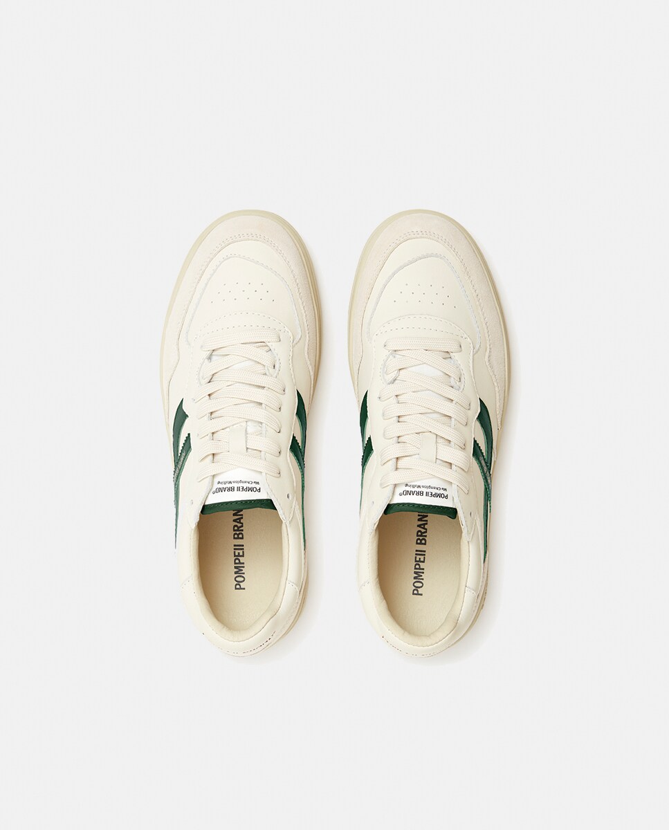 Sapatilhas com Detalhe da Marca em Pele e Camurça - Branco Verde-2