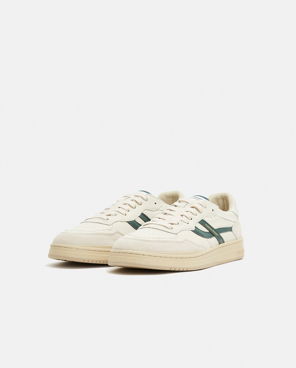 Sapatilhas com Detalhe da Marca em Pele e Camurça - Branco Verde-4