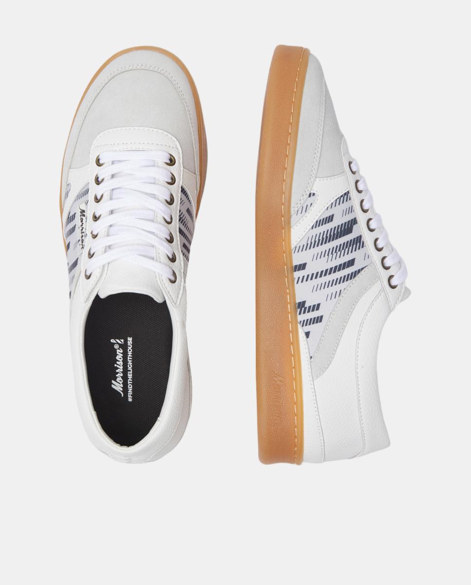 Sapatilhas Nineties de Couro e Detalhes em Croute com Estampados Únicos. Branco-4