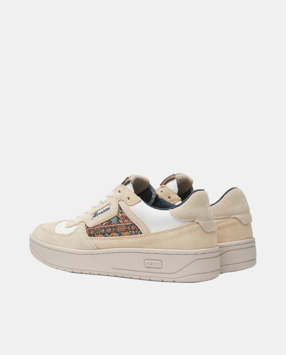 Sapatilhas Zeta em Couro com Detalhes de Croute e Estampado Étnico - Branco/Bege Branco-2