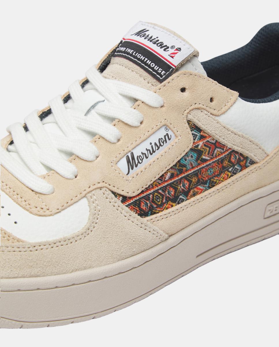 Sapatilhas Zeta em Couro com Detalhes de Croute e Estampado Étnico - Branco/Bege Branco-3