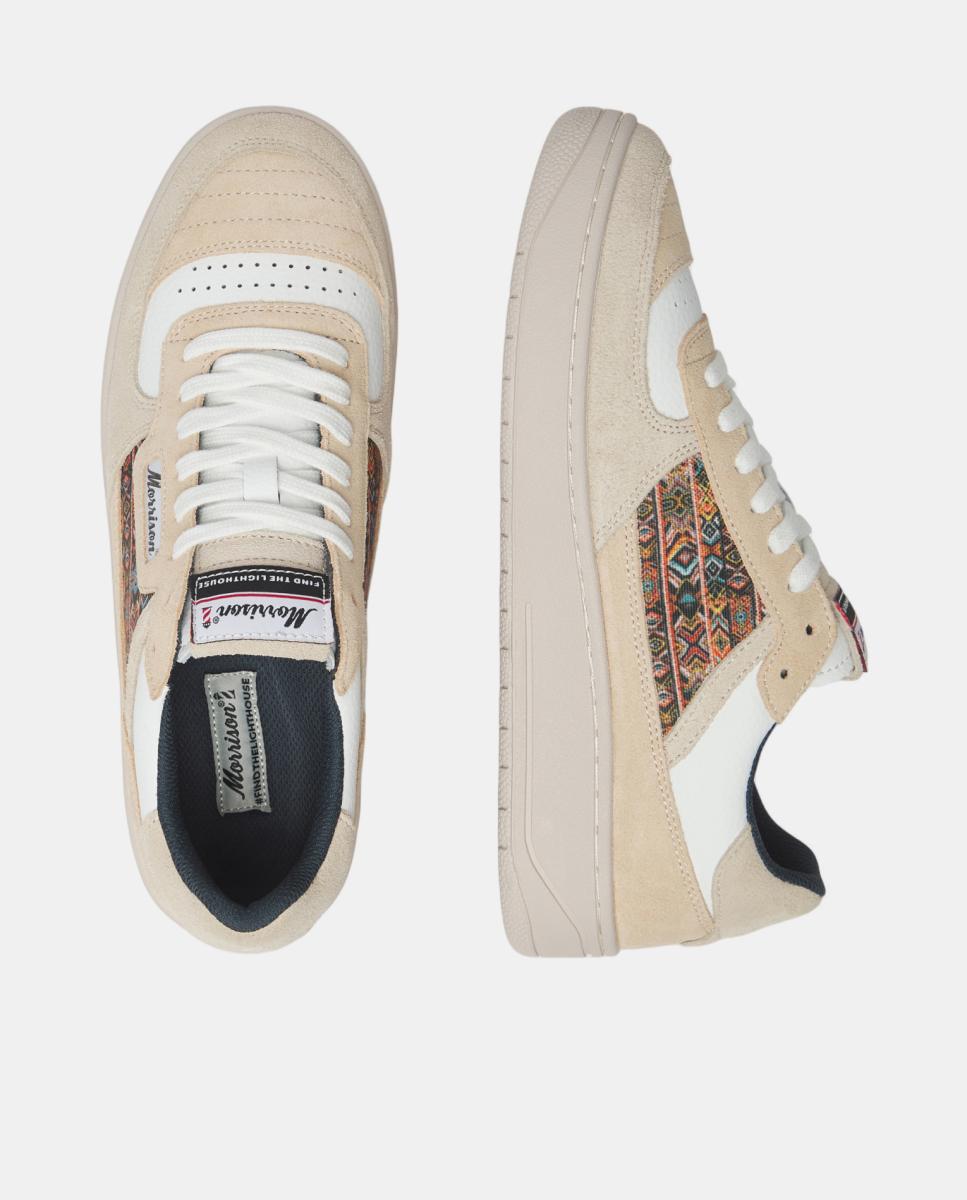 Sapatilhas Zeta em Couro com Detalhes de Croute e Estampado Étnico - Branco/Bege Branco-4