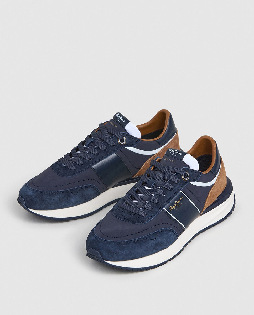 Zapatillas Buster Serie de hombre en combinación de azul marino y beige y con banda lateral - Pepe Jeans - Marrón oscuro Azul marino-3