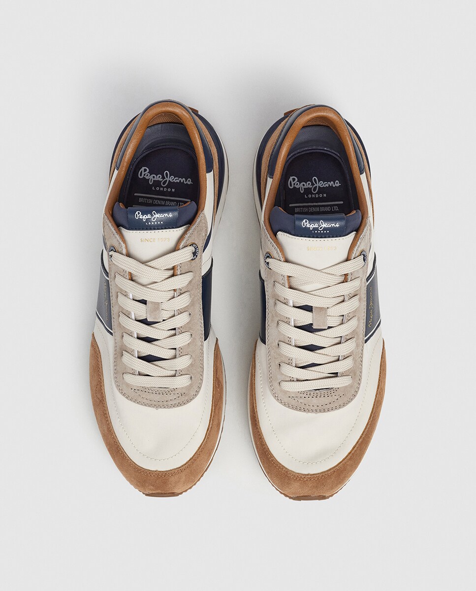 Sapatilhas Buster Serie em Combinação de Cores e Faixa Lateral - Azul-Marinho/Bege Castanho-2