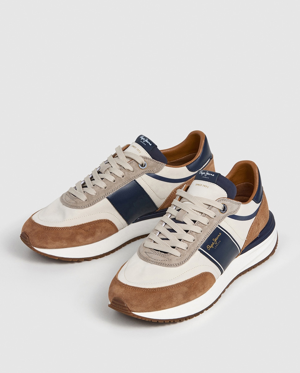 Sapatilhas Buster Serie em Combinação de Cores e Faixa Lateral - Azul-Marinho/Bege Castanho-3