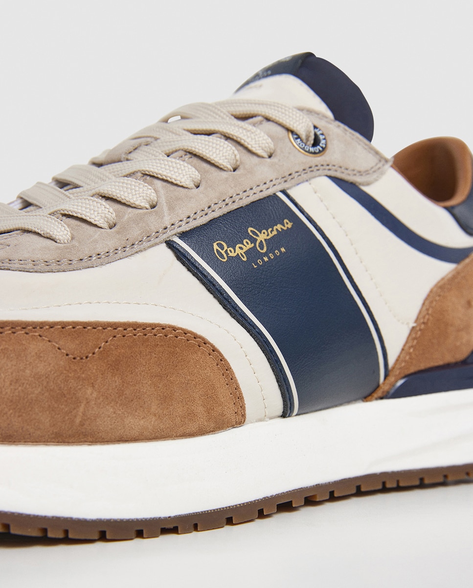 Sapatilhas Buster Serie em Combinação de Cores e Faixa Lateral - Azul-Marinho/Bege Castanho-5